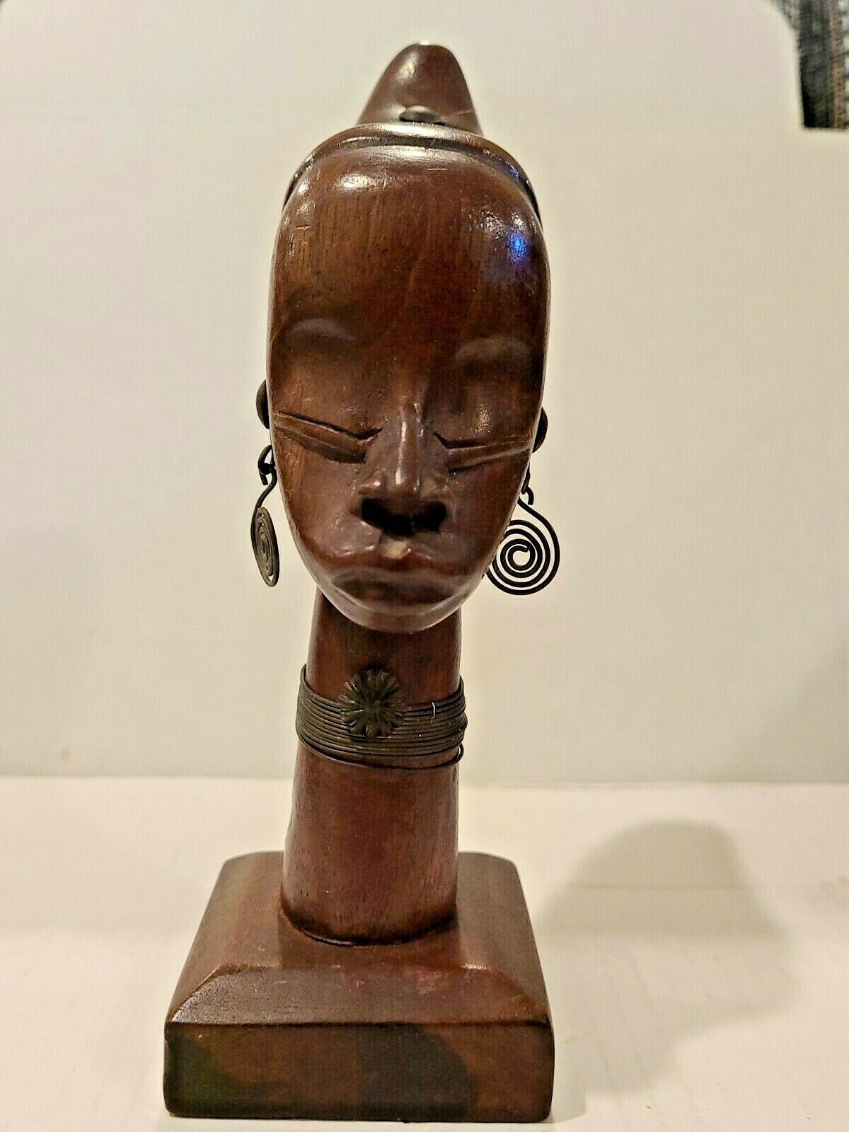 Vintage African Wood Carved Sculpture Female Head Bust Tribal With Jewelry