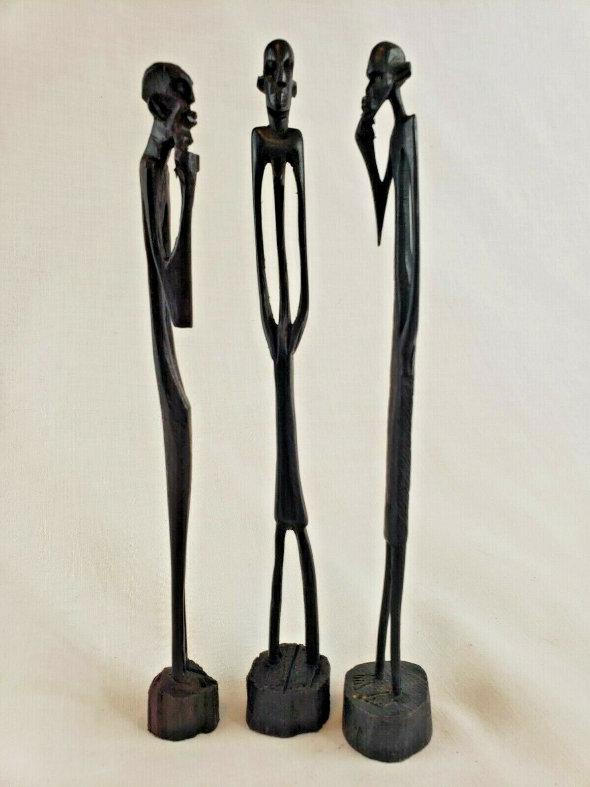 Set Of 3 African 8" Hand Carved Wooden Statue Stick Figures Sculptures Tribal