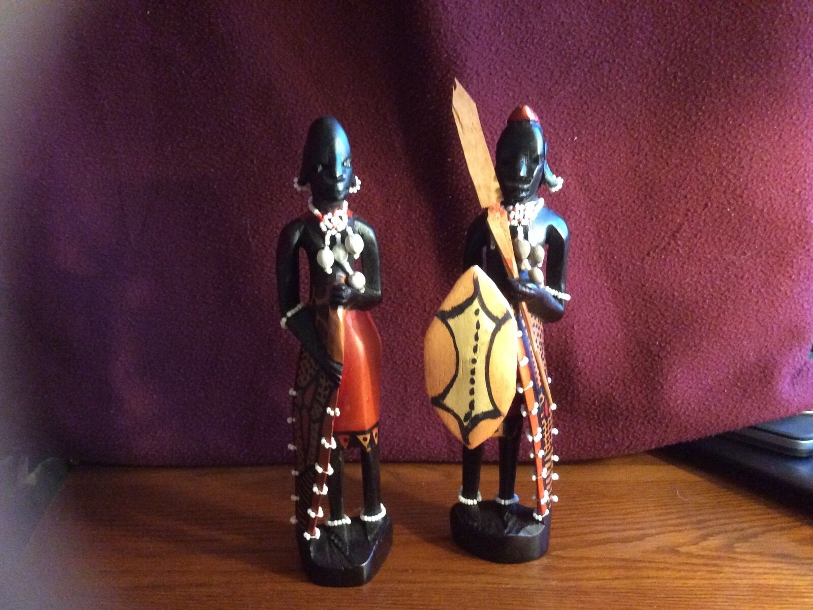 Ebony Carved Figurines Of African Warrior Couple Handcrafted W/ Beads & Shells
