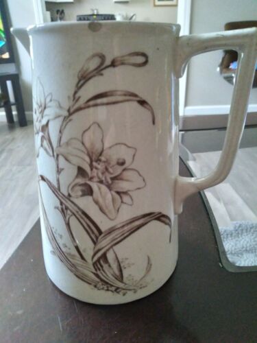 Jh&s Lily , Antique Hand Painted  Pitcher Ironstone White / Brown Border 7 5/8"
