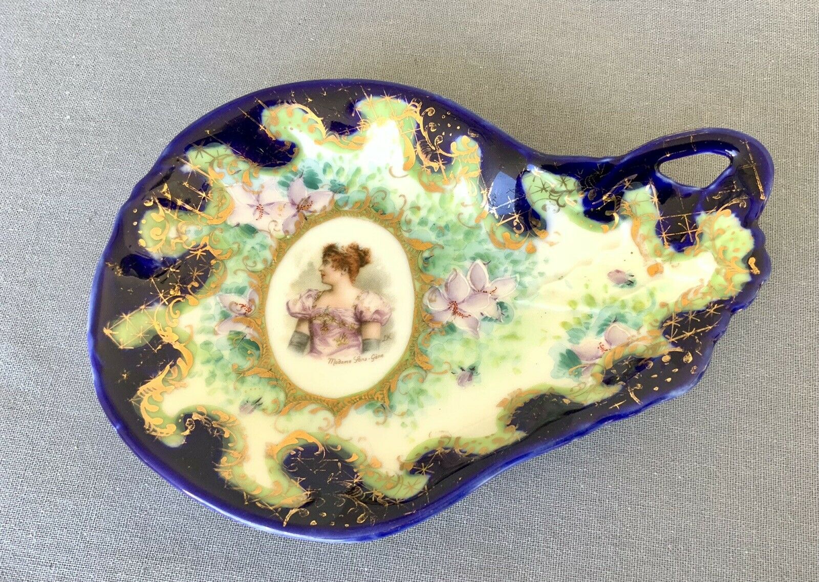 Antique Porcelain Flow Blue H/p Gilt Dish “madame Sans Gene 6.75” Impressed Mark