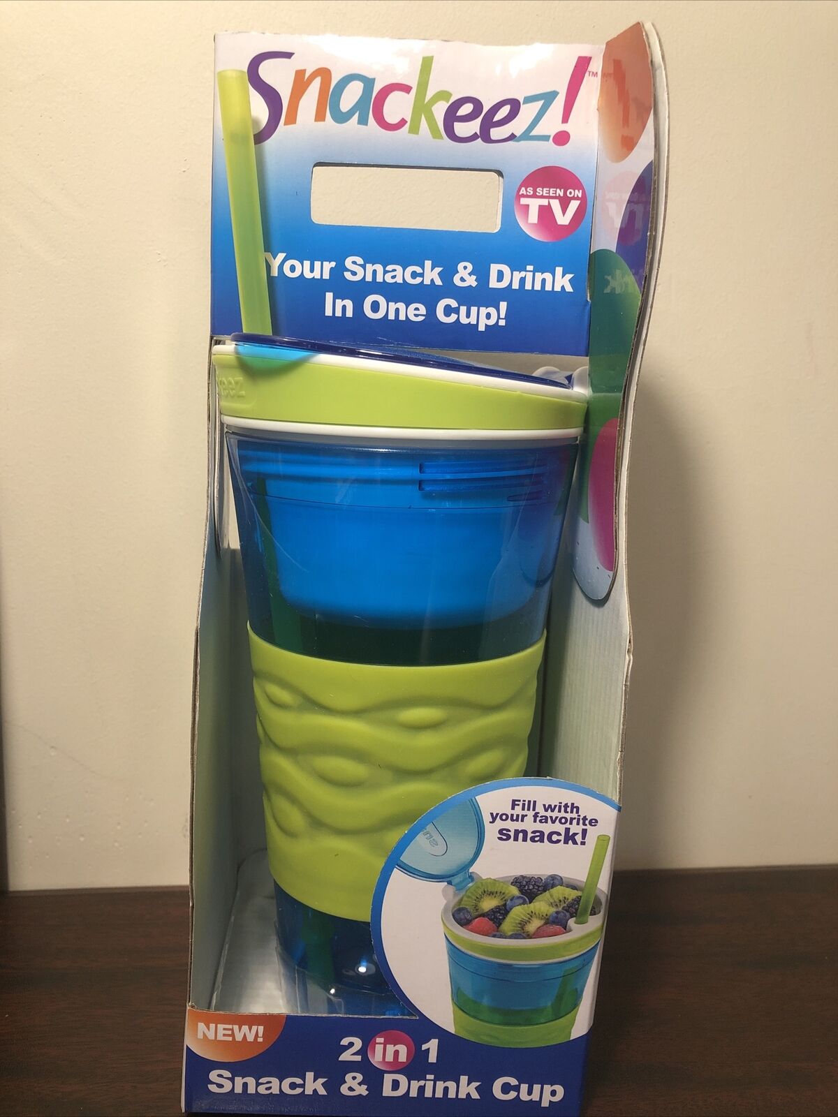 Snackeez! 2 In 1 Snack & Drink Cup Blue/lime Green As Seen On Tv New