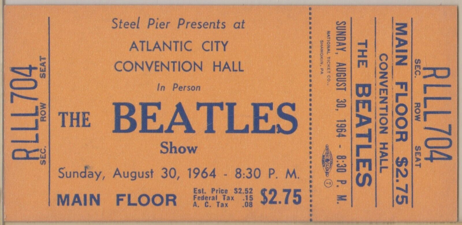 Rare Peach Color Beatles Unused Concert Ticket 8/30/64 Steel Pier Atlantic City
