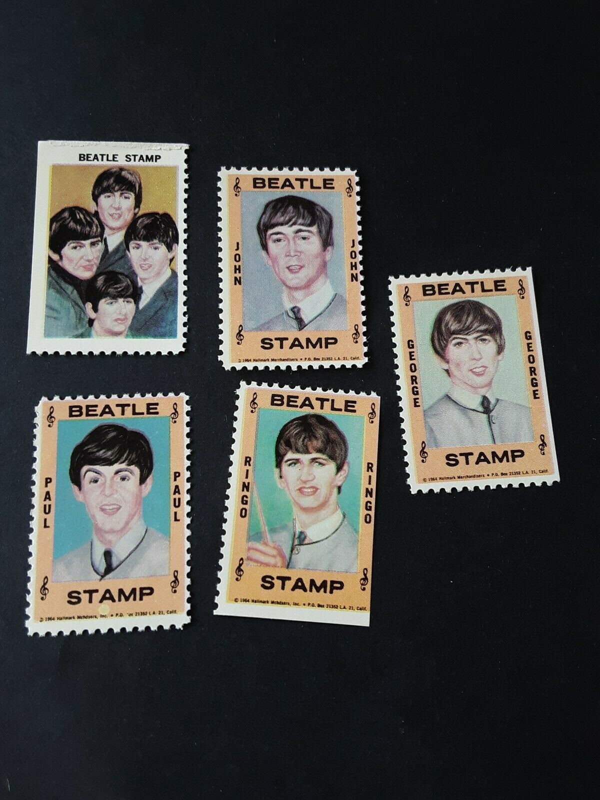 Beatles 1964 Hallmark Stamps- Full Set Of 5 Stamps With Plastic Holders Included