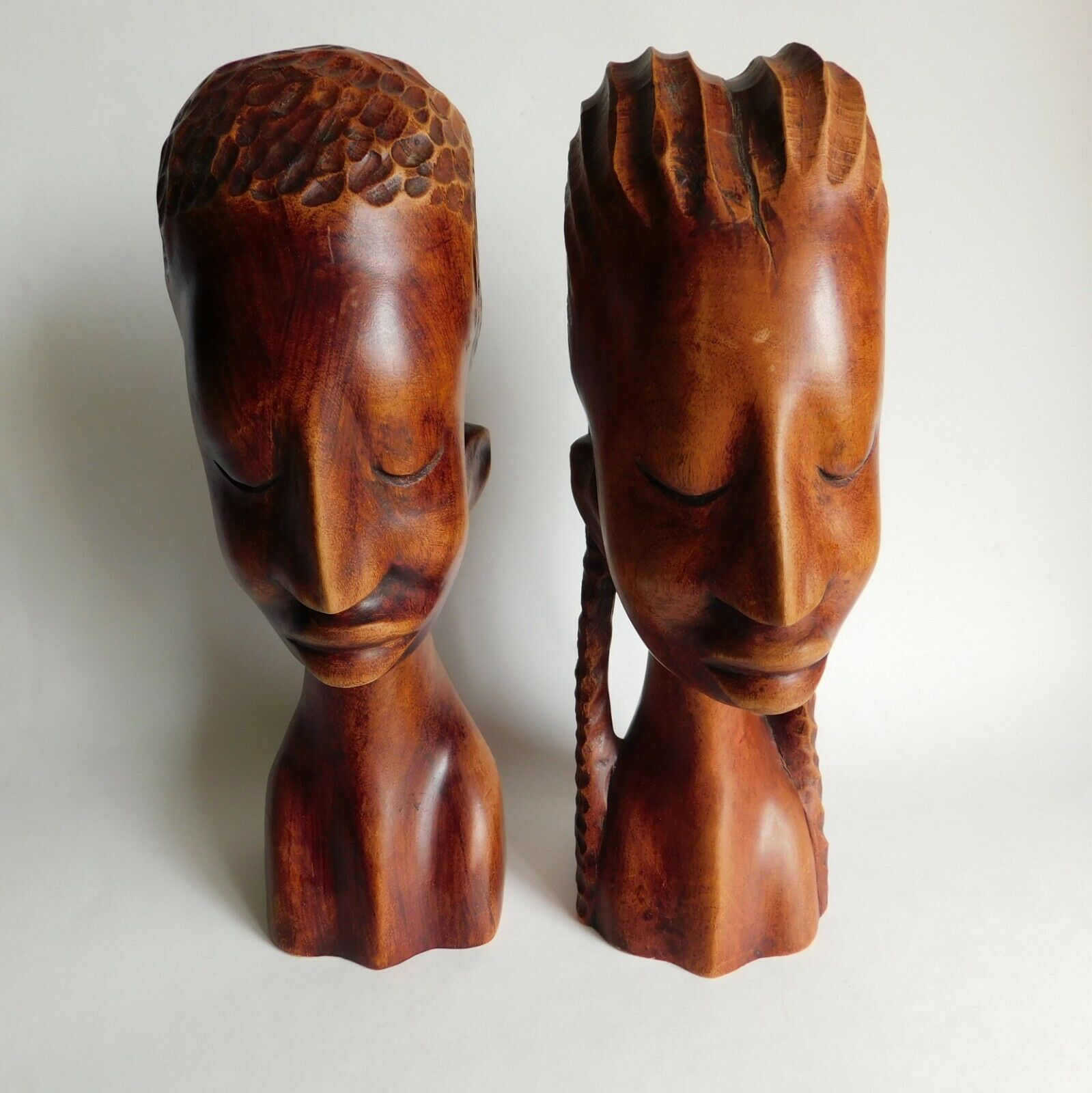 Pair Hand Carved African Tribal Folk Art Male & Female Wood Bust Signed Leon