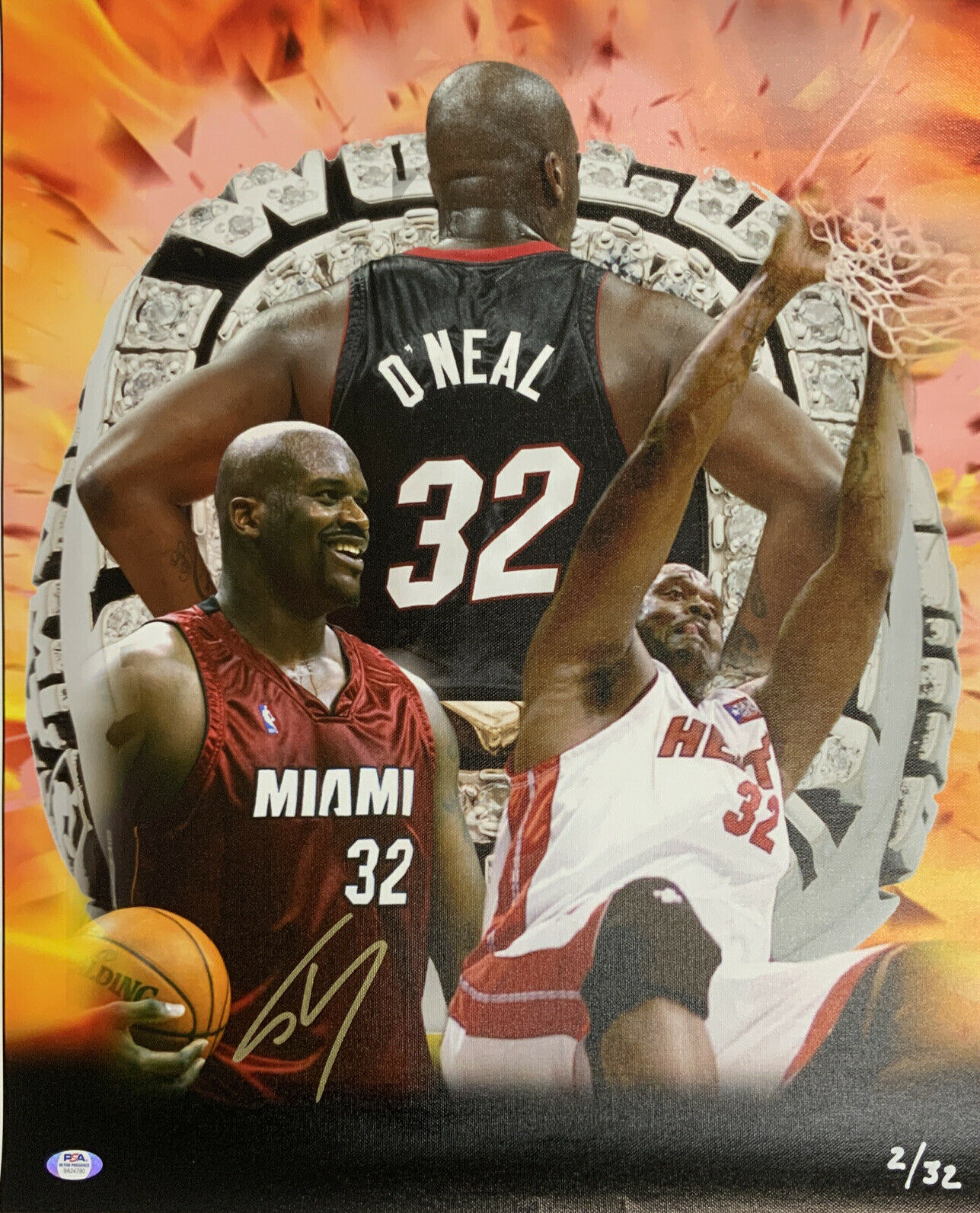 2/32 Shaquille O'neal Miami Heat Champ Signed 18x22 Le Canvas Print Psa 9a24790