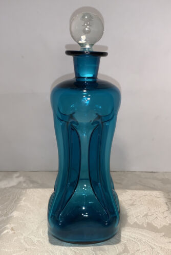 Holmegaard Teal Blue Kluk Kluk Pinched Glass Decanter Clear Stopper 10"