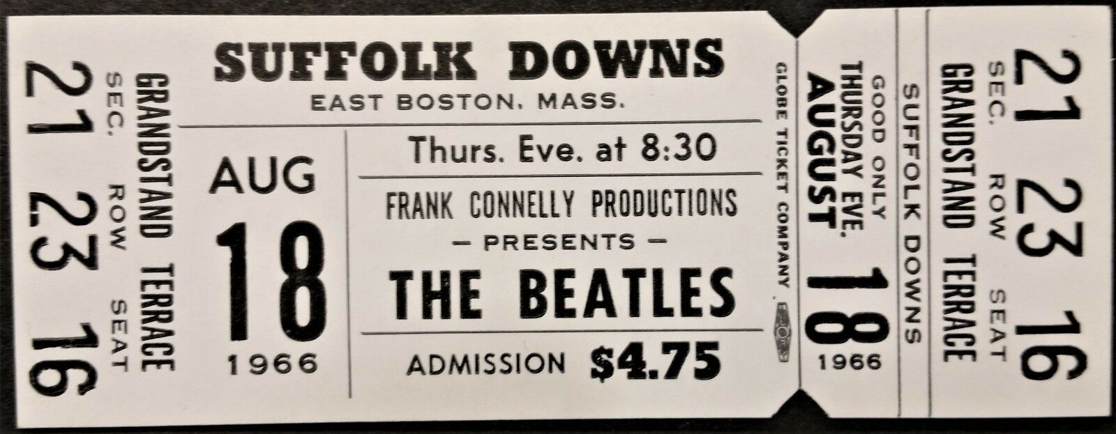 Beatles - 1966 - Full & Unused Original Concert Ticket - Boston - Suffolk Downs