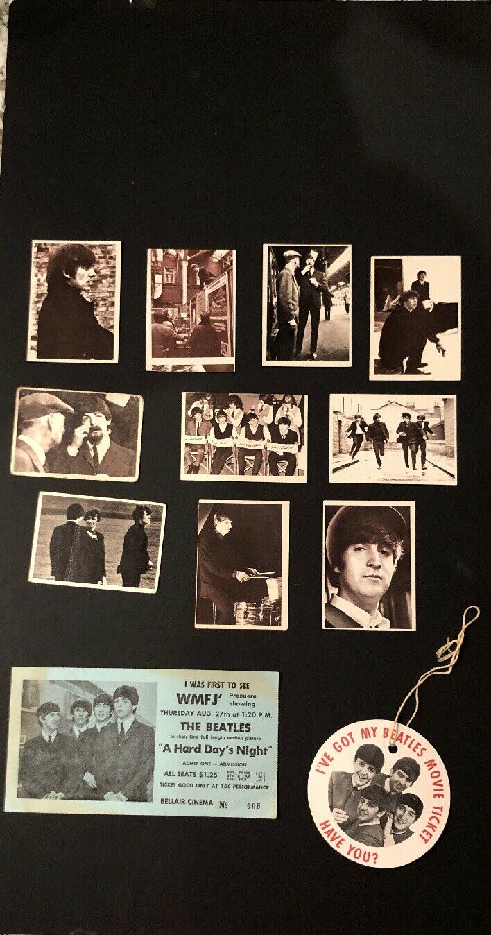 Beatles-a Hard Days Night Movie Premiere Ticket, An Ad And 10 Trading Cards