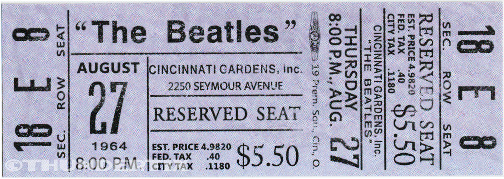 1  Beatles Unused Full Concert Ticket 1964 Cincinnati, Ohio  Laminated Reprint