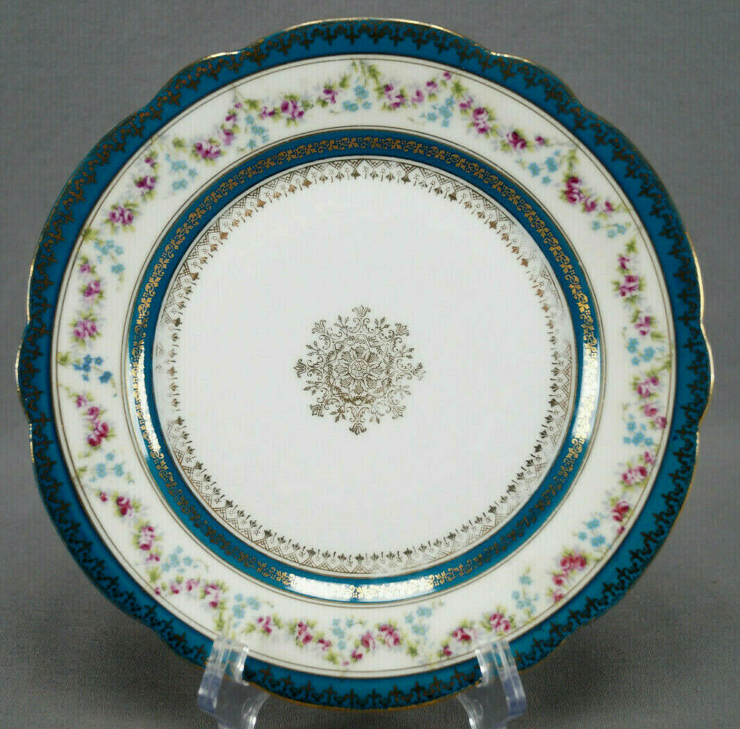 Bawo & Dotter Austria Pink Rose Blue Floral Turquoise & Gold 8 3/4 Inch Plate