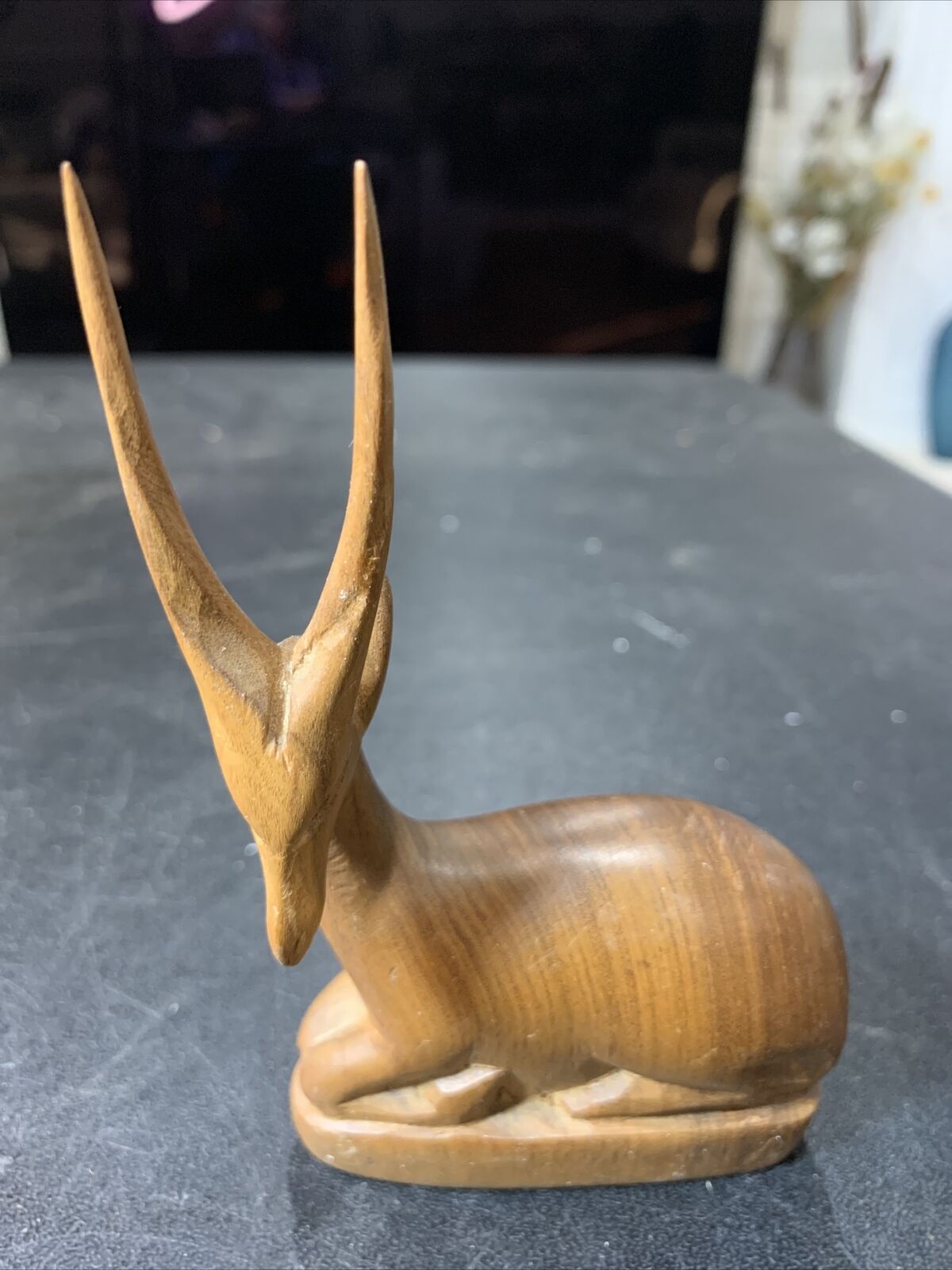 Small Vintage Hand Carved Wood Tall Antelope Long Horns 5" Tall Folk Art