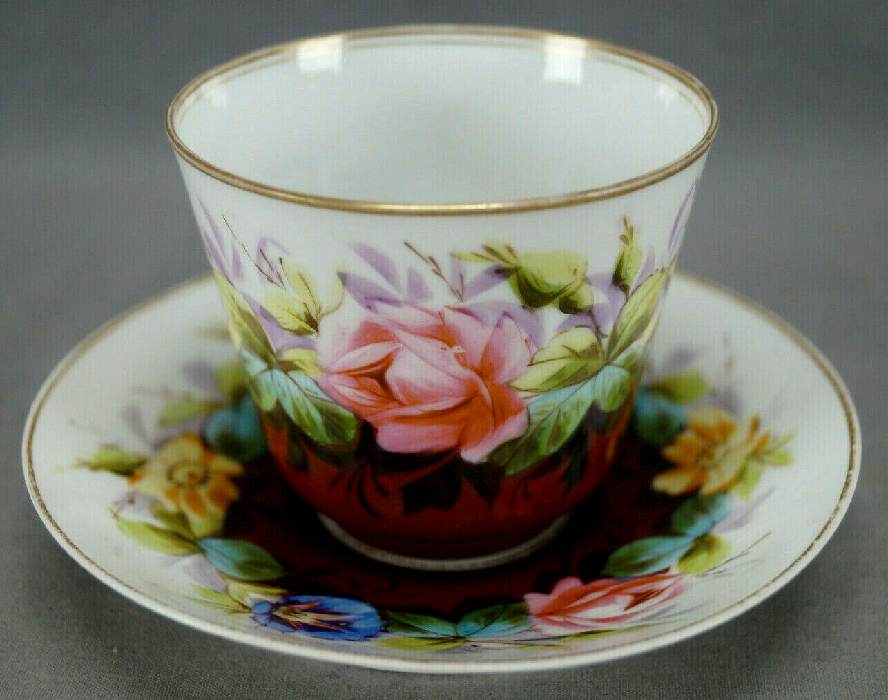 H&c Carlsbad Hand Painted Pink Rose Flowers Red & Gold Breakfast Cup & Saucer