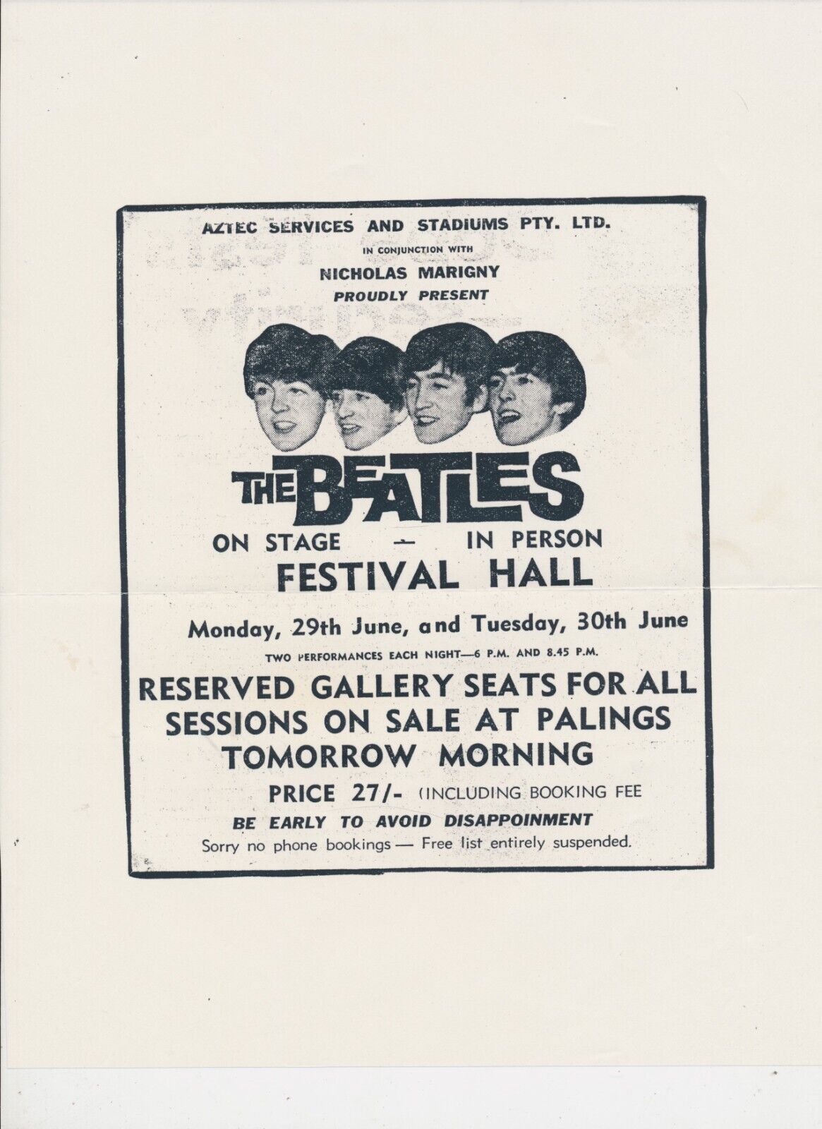 The Beatles Festival Hall-brisbane-8 1/2" X 11" Replica 1964 Poster Advertising