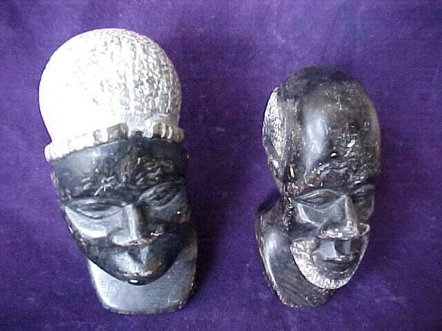 Zimbabwe Rapoko African Elders Black Couple Bust Statue Hand Carved Stone 4 " 3"