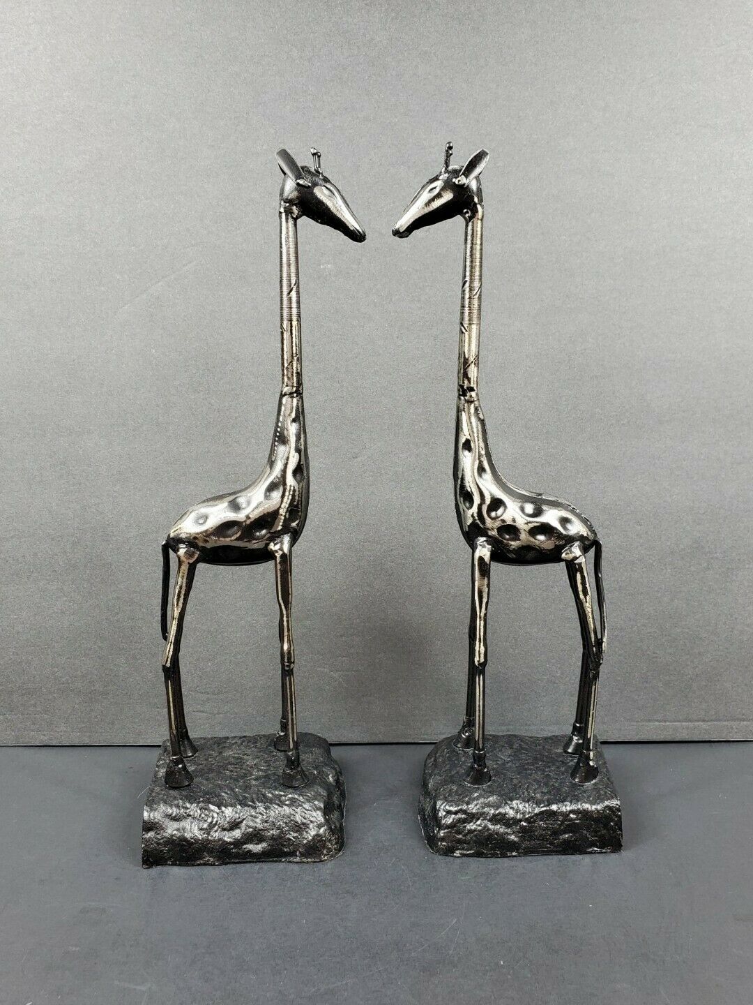 Pair Of 13.25" Metal Giraffe Sculptures Figurines Industrial Modern Black Silver