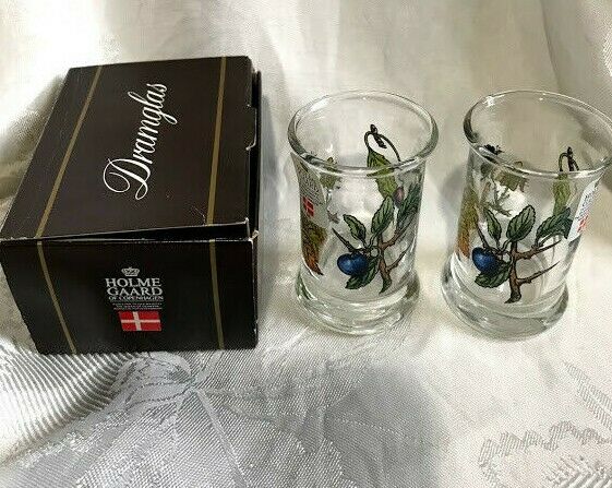 2  Holmegaard Of Denmark Shot Dram Schnapps Glasses Flowers Berries New