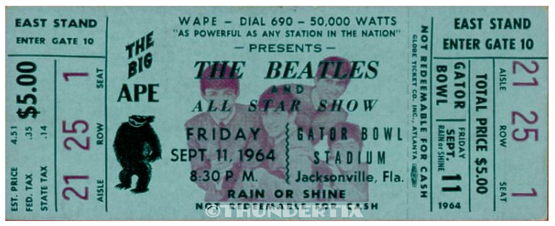 1  Beatles Vintage Unused Full Concert Ticket 1964  Jacksonville, Fl   Laminated