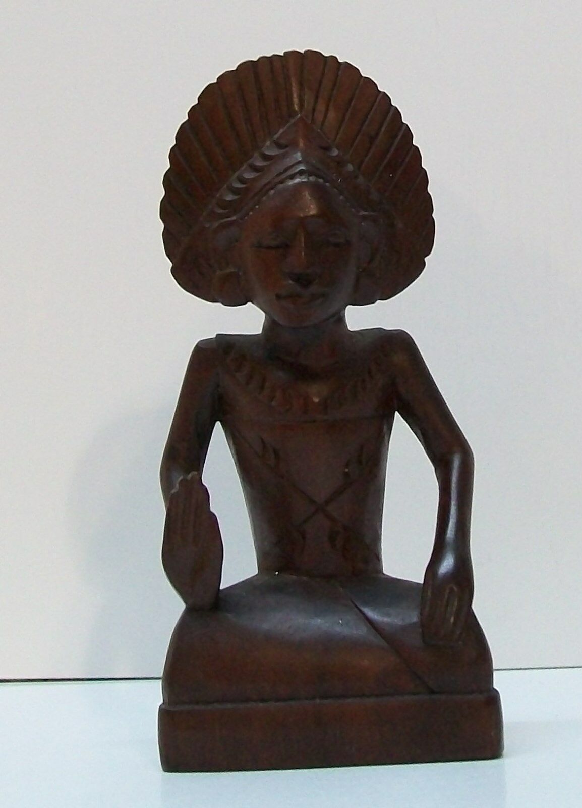African Hand Carved Wood Small Woman With Hand Up With Headdress Vintage